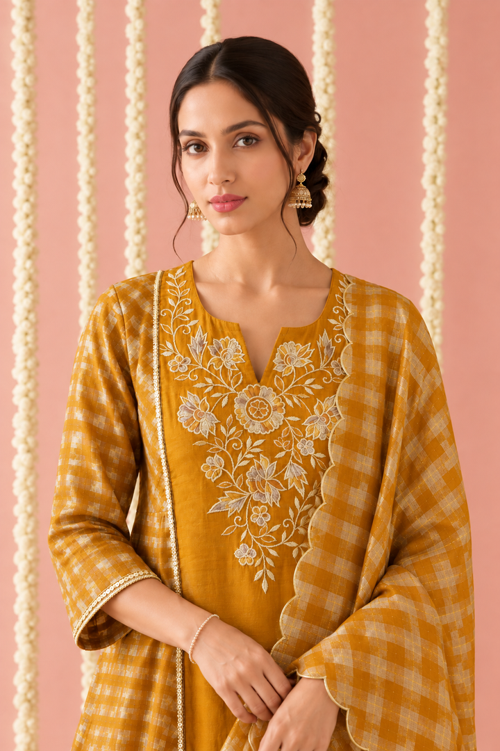 Orange Zari Embroidered Check Tissue Kurta Set with Dupatta - Set of 3
