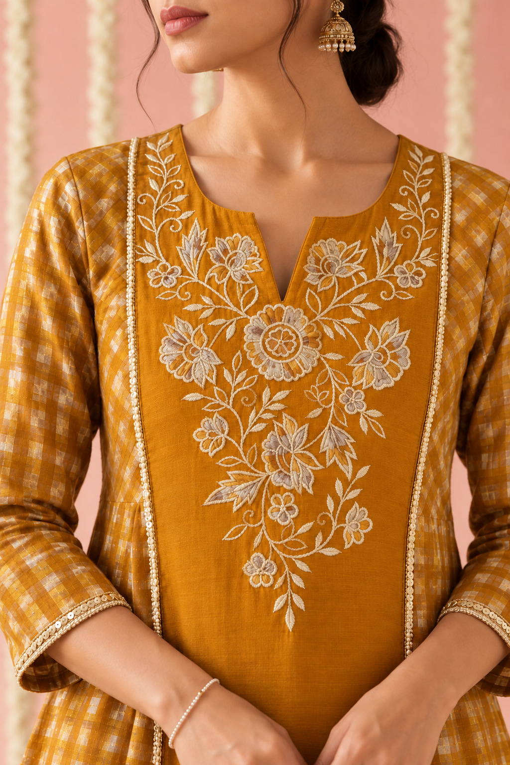Orange Zari Embroidered Check Tissue Kurta Set with Dupatta - Set of 3