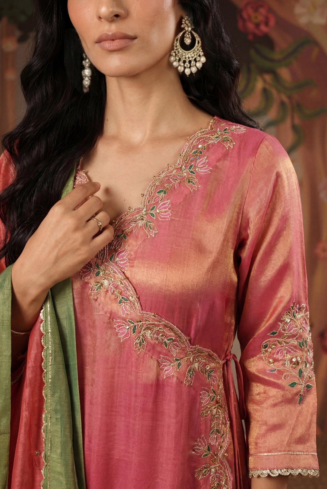 Fuchsia Lotus Scallop Tissue Angrakha with Narrow Pants - Set of 2