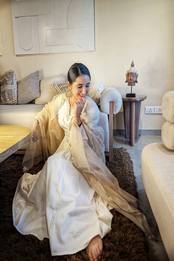 Ivory Cashmere Kurta with Wide Leg Pants - Ayushi Chauhan