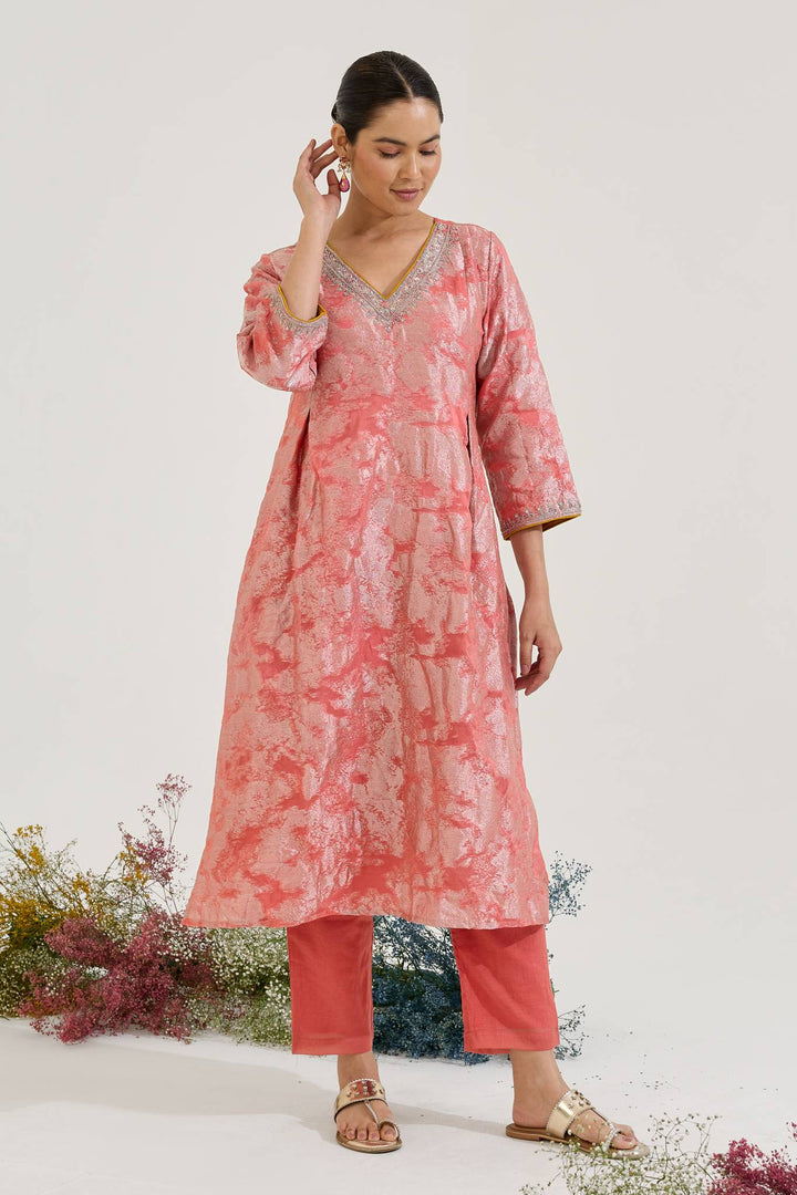 Blush Dori Jacquard Kurta with Narrow Pants - Set of 2