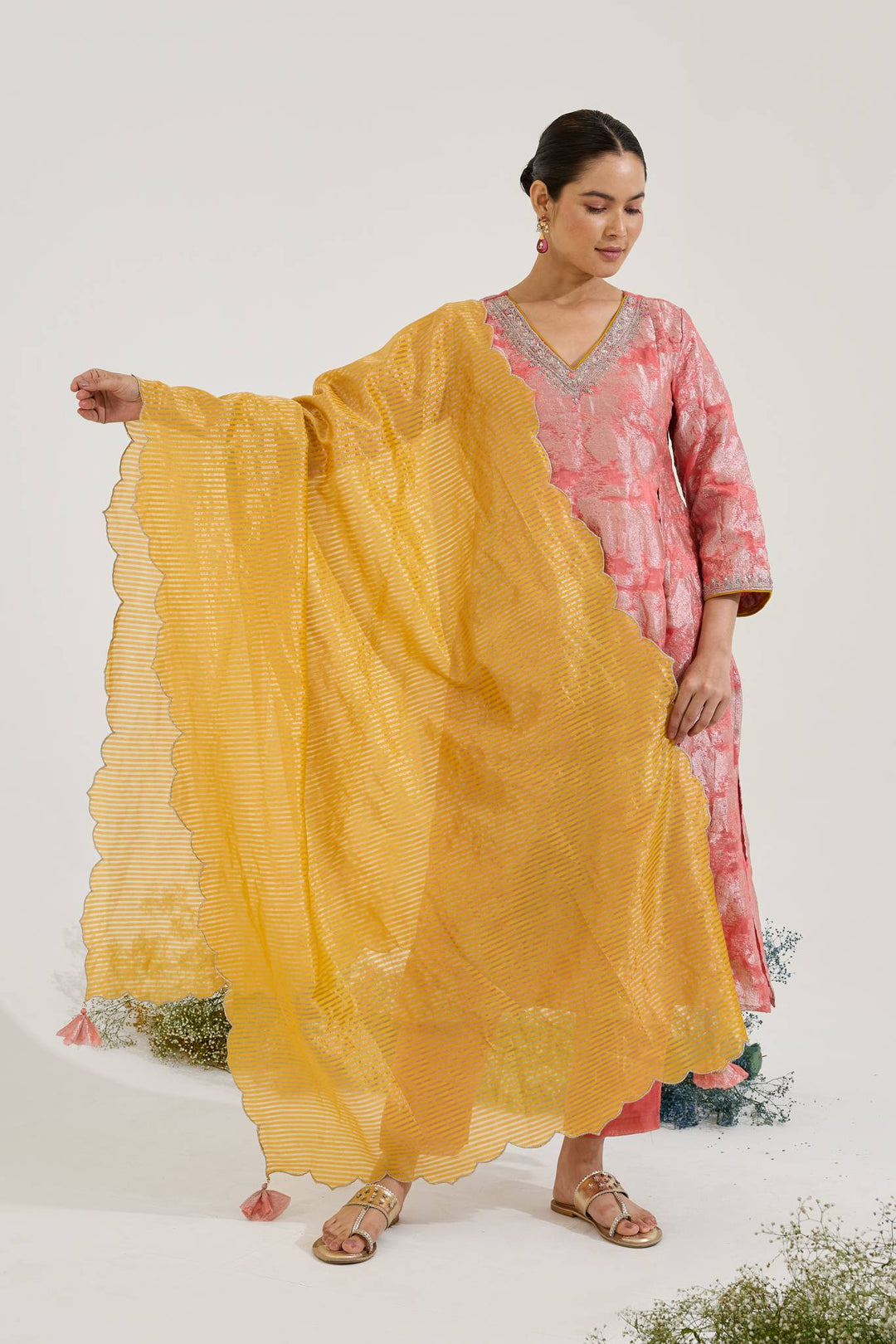 Blush Dori Jacquard Kurta with Narrow Pants - Set of 2