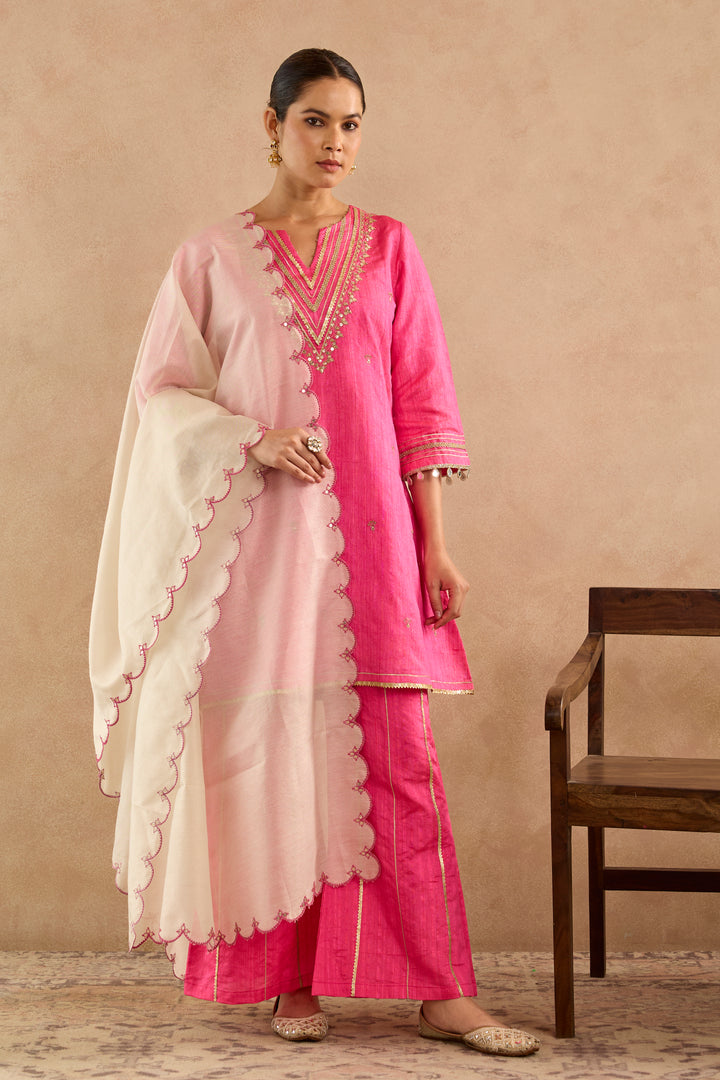 Rani Pink Embroidered Kurta with Flared Pants and Scallop Dupatta - Set of 3