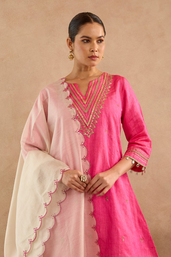 Rani Pink Embroidered Kurta with Flared Pants and Scallop Dupatta - Set of 3