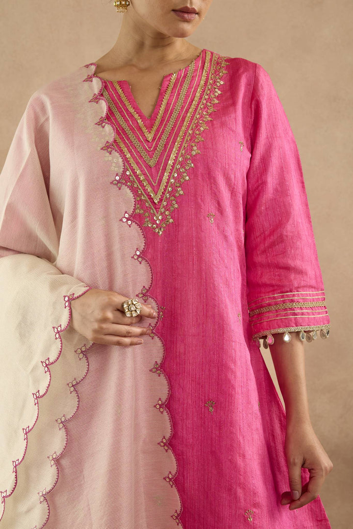 Rani Pink Embroidered Kurta with Flared Pants and Scallop Dupatta - Set of 3