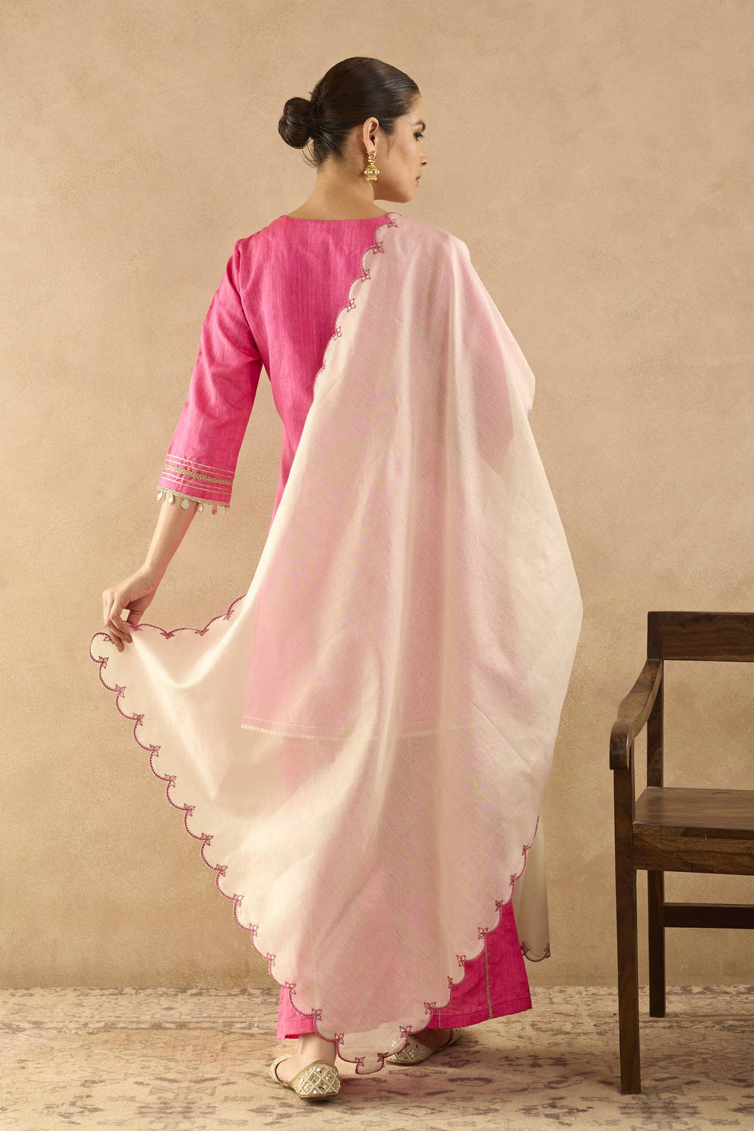 Rani Pink Embroidered Kurta with Flared Pants and Scallop Dupatta - Set of 3