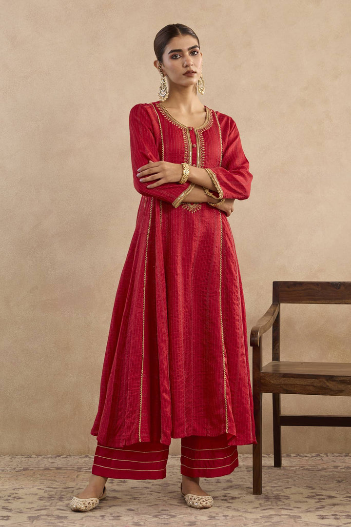 Regal Red Embroidered Anarakali with Flared Pants- Set of 2