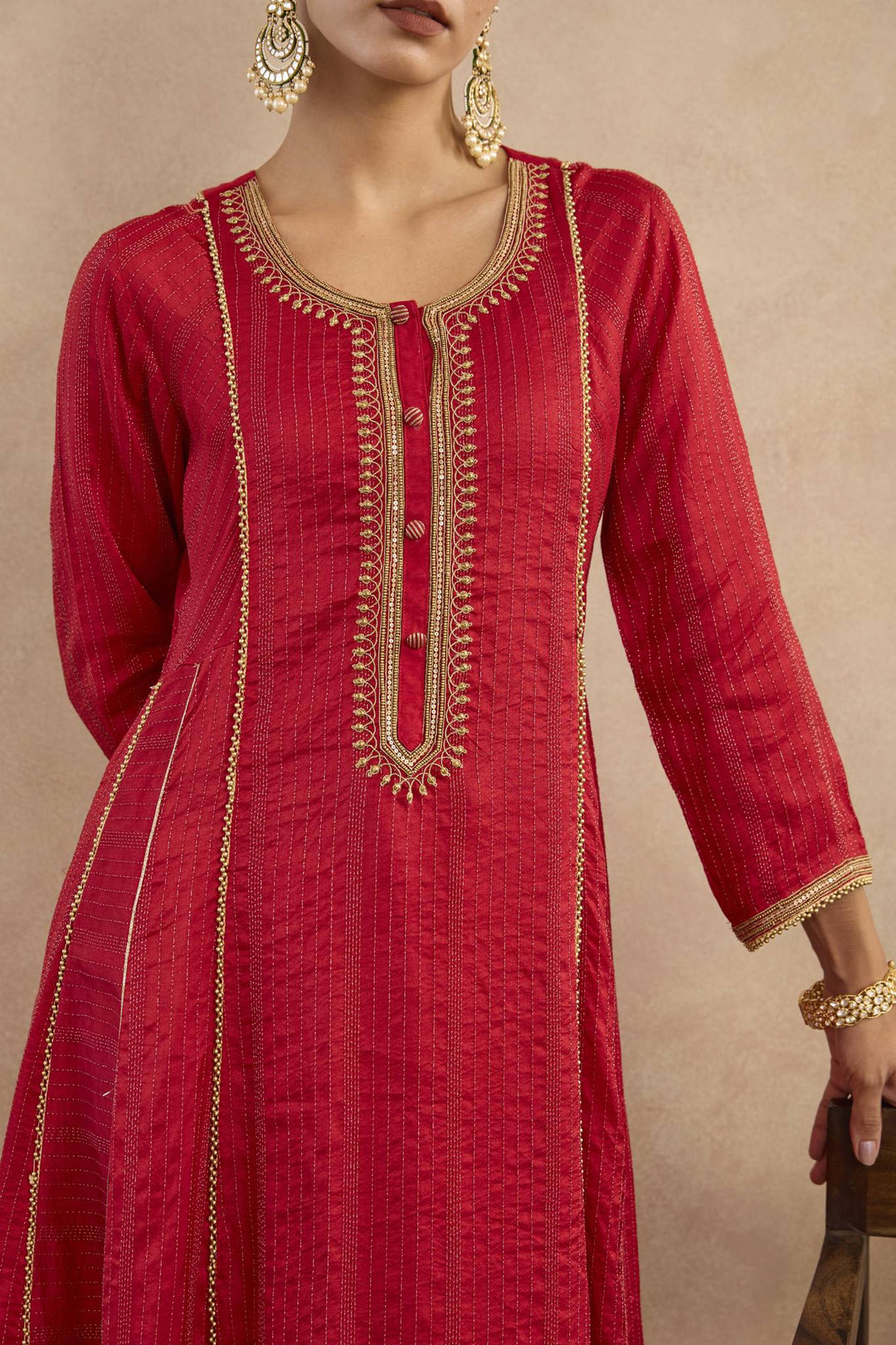 Regal Red Embroidered Anarakali with Flared Pants- Set of 2