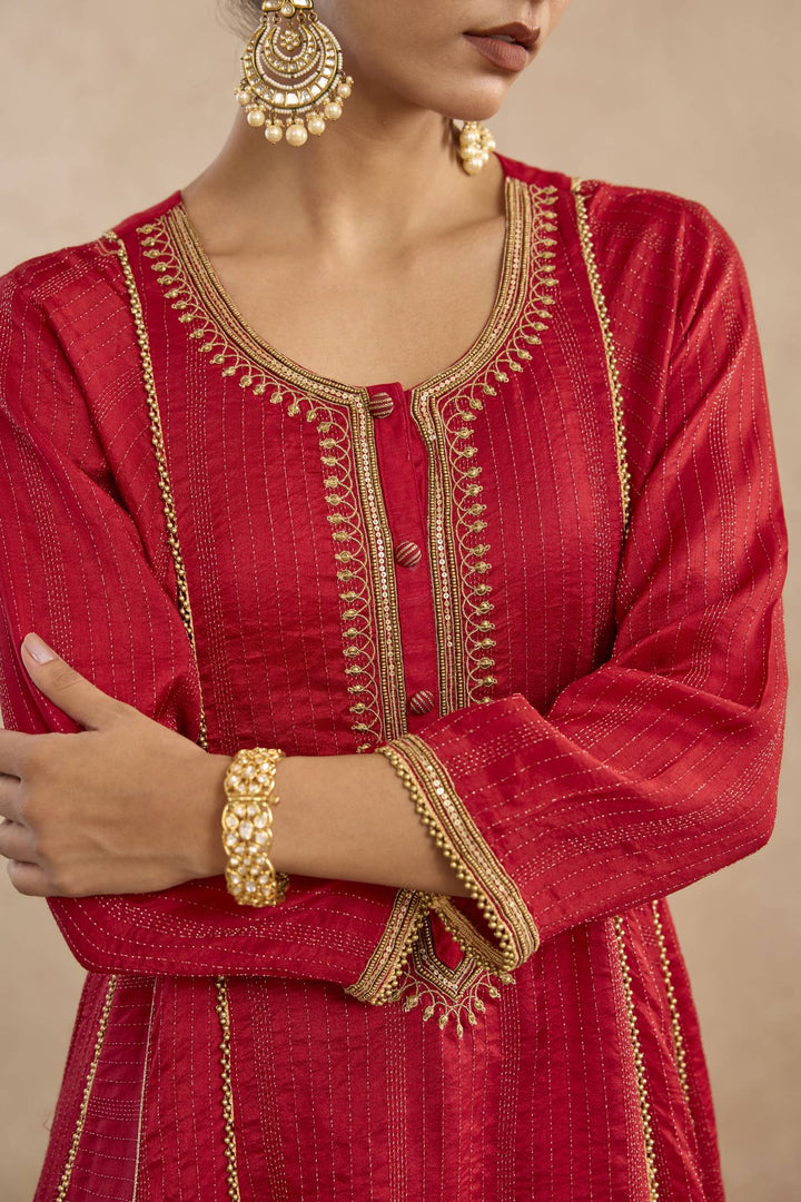 Regal Red Embroidered Anarakali with Flared Pants- Set of 2