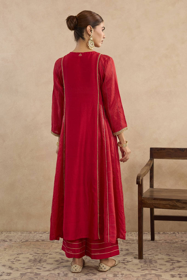 Regal Red Embroidered Anarakali with Flared Pants- Set of 2
