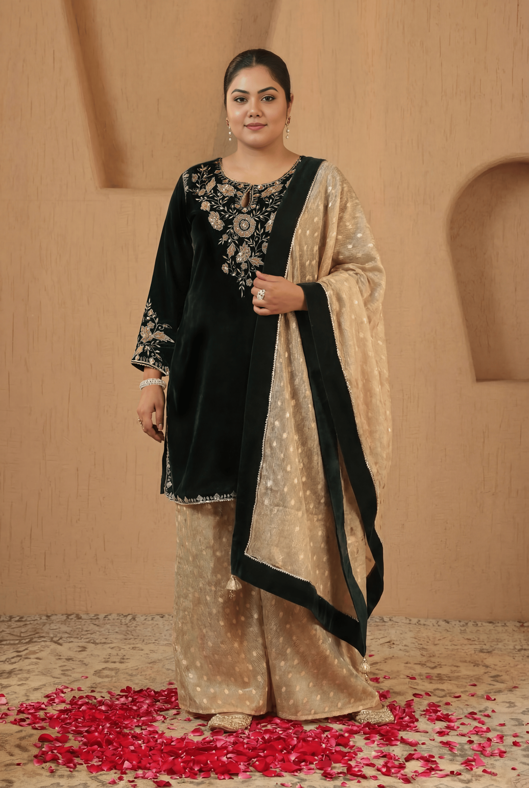 Emerald Floral Zari Velvet Kurta with Sharara and Dupatta - Set of 3