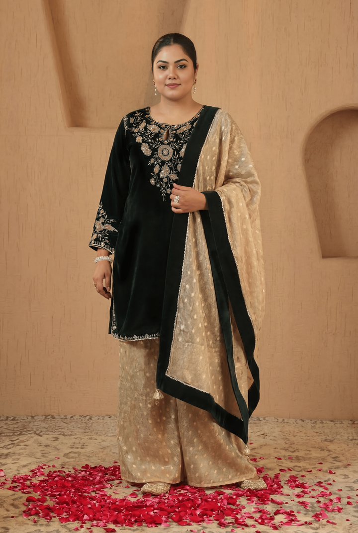 Emerald Floral Zari Velvet Kurta with Sharara and Dupatta - Set of 3