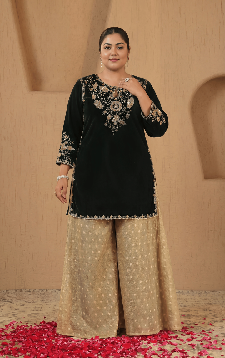 Emerald Floral Zari Velvet Kurta with Sharara and Dupatta - Set of 3