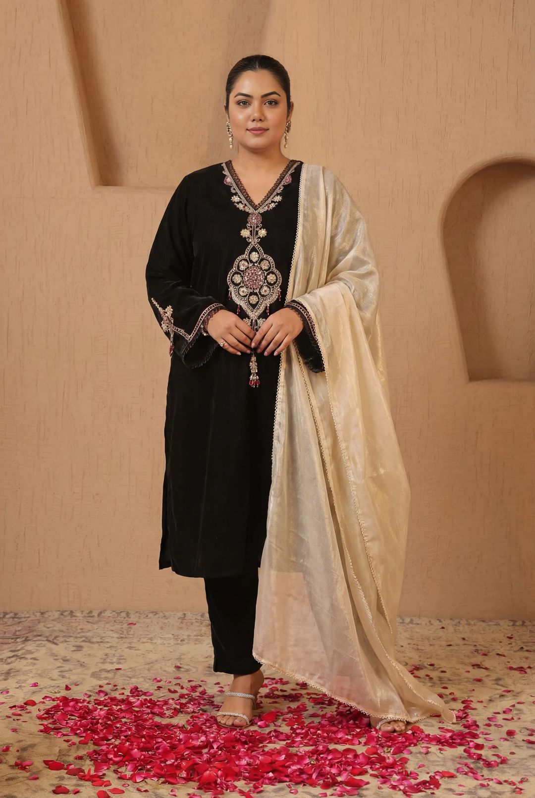 Black Dori Embroidered Kurta with Narrow Pants and Dupatta - Set of 3