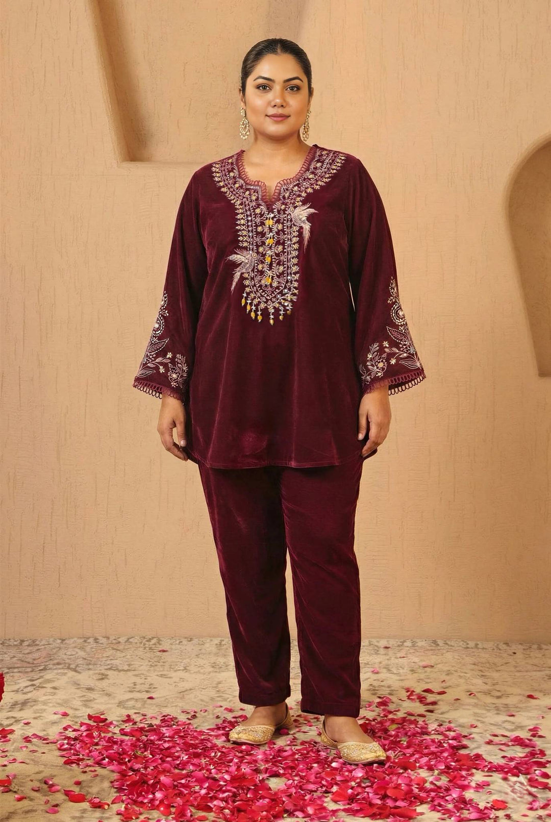 Wine Zari Charm Velvet Tunic with Narrow Pants - Set of 2