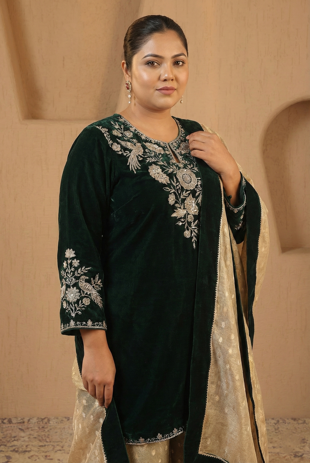 Emerald Floral Zari Velvet Kurta with Sharara and Dupatta - Set of 3