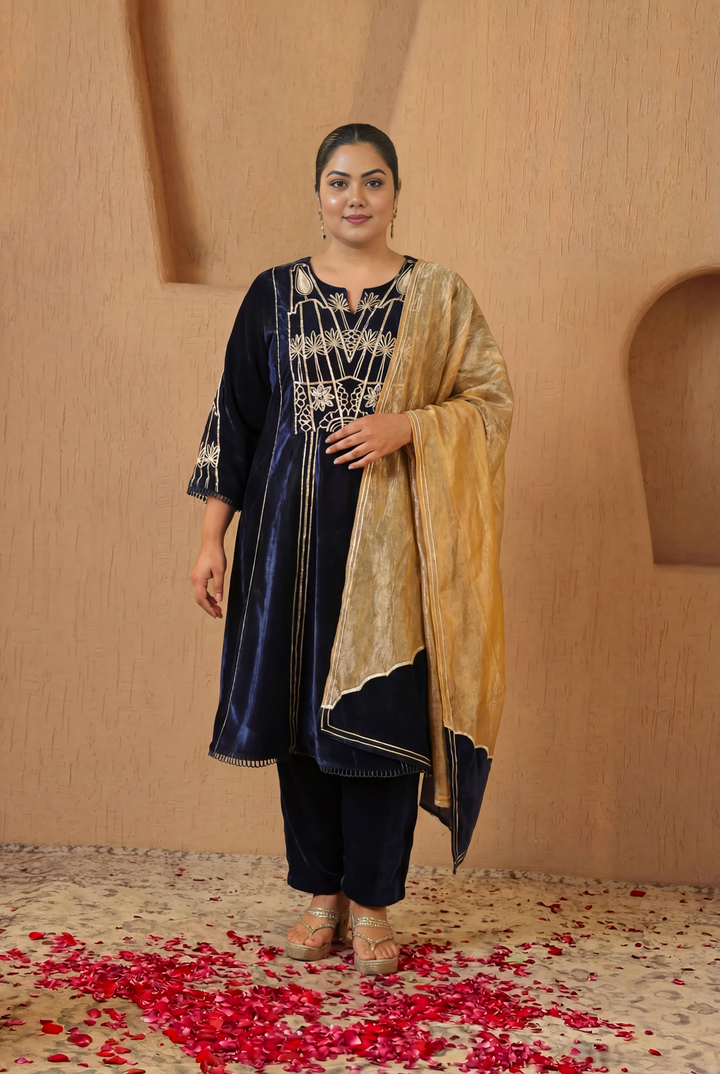 Navy Gota Velvet Anarkali with Narrow Pants and Scallop Dupatta - Set of 3