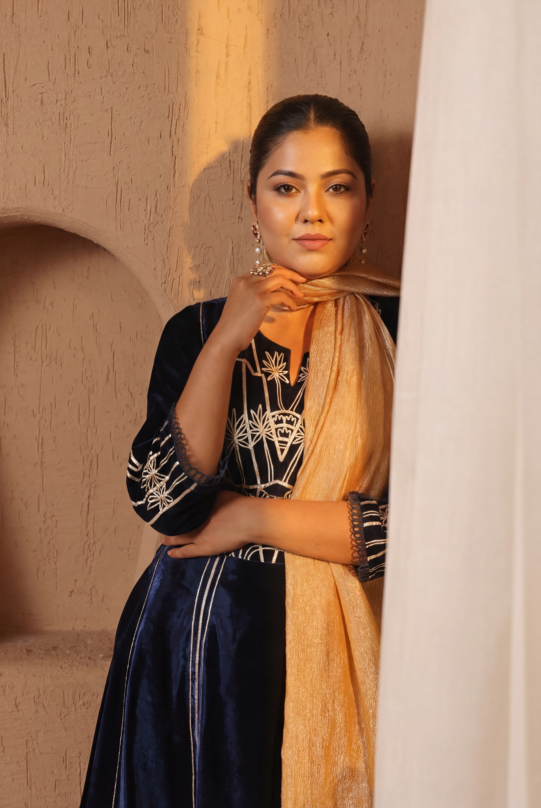 Navy Gota Velvet Anarkali with Narrow Pants and Scallop Dupatta - Set of 3