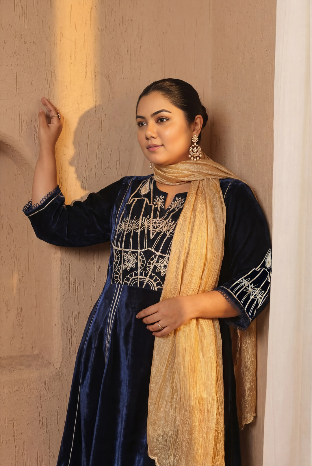 Navy Gota Velvet Anarkali with Narrow Pants and Scallop Dupatta - Set of 3