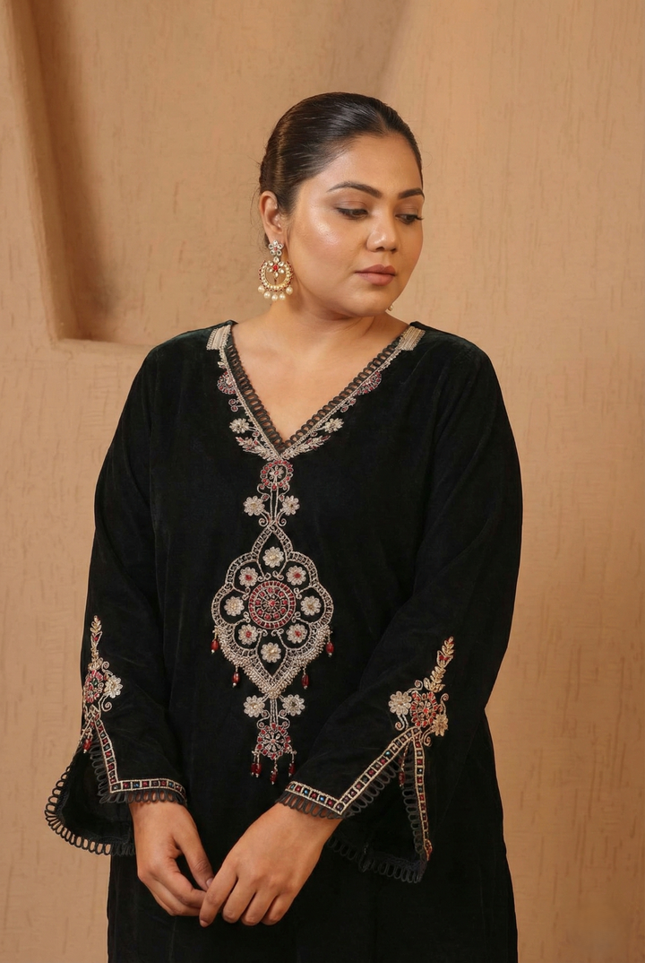 Black Dori Embroidered Kurta with Narrow Pants - Set of 2