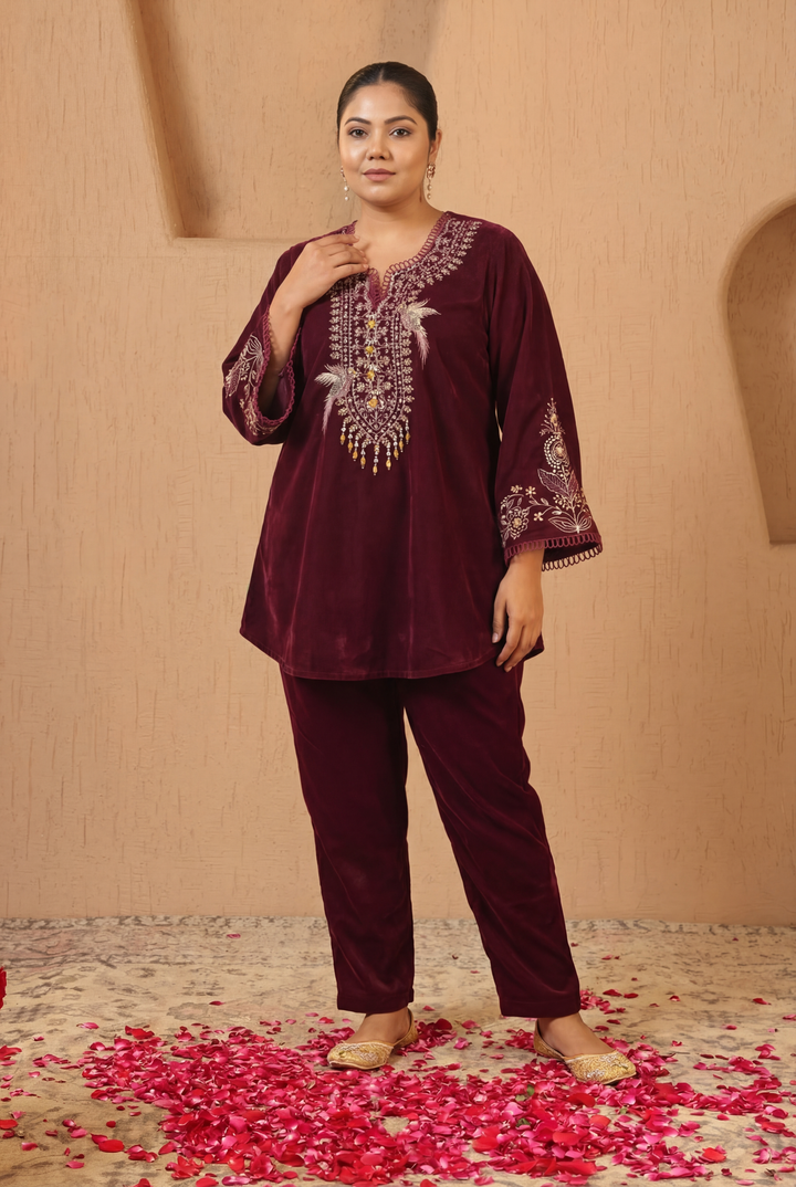 Wine Zari Charm Velvet Tunic with Narrow Pants