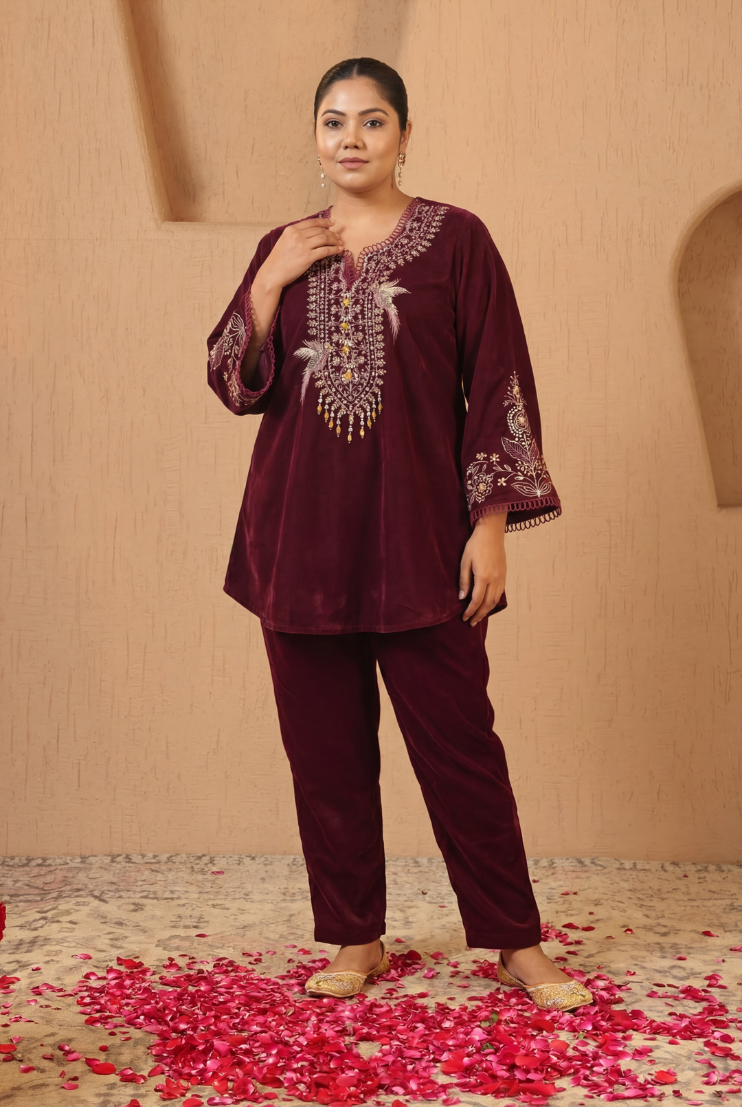 Wine Zari Charm Velvet Tunic with Narrow Pants - Set of 2