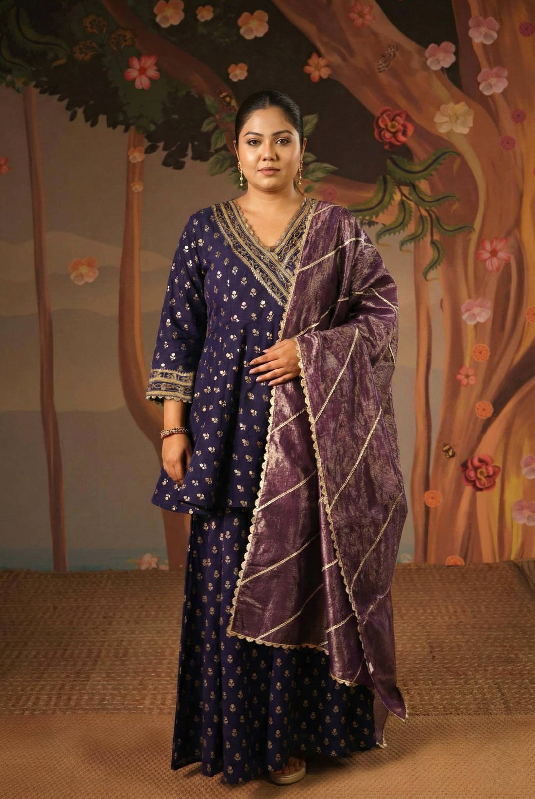 Blue Rose Embroidered Angrakha with Sharara and Dupatta - Set of 3