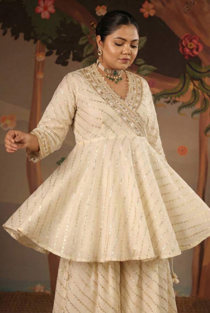Ivory Gold Embroidered Angrakha with Sharara - Set of 2