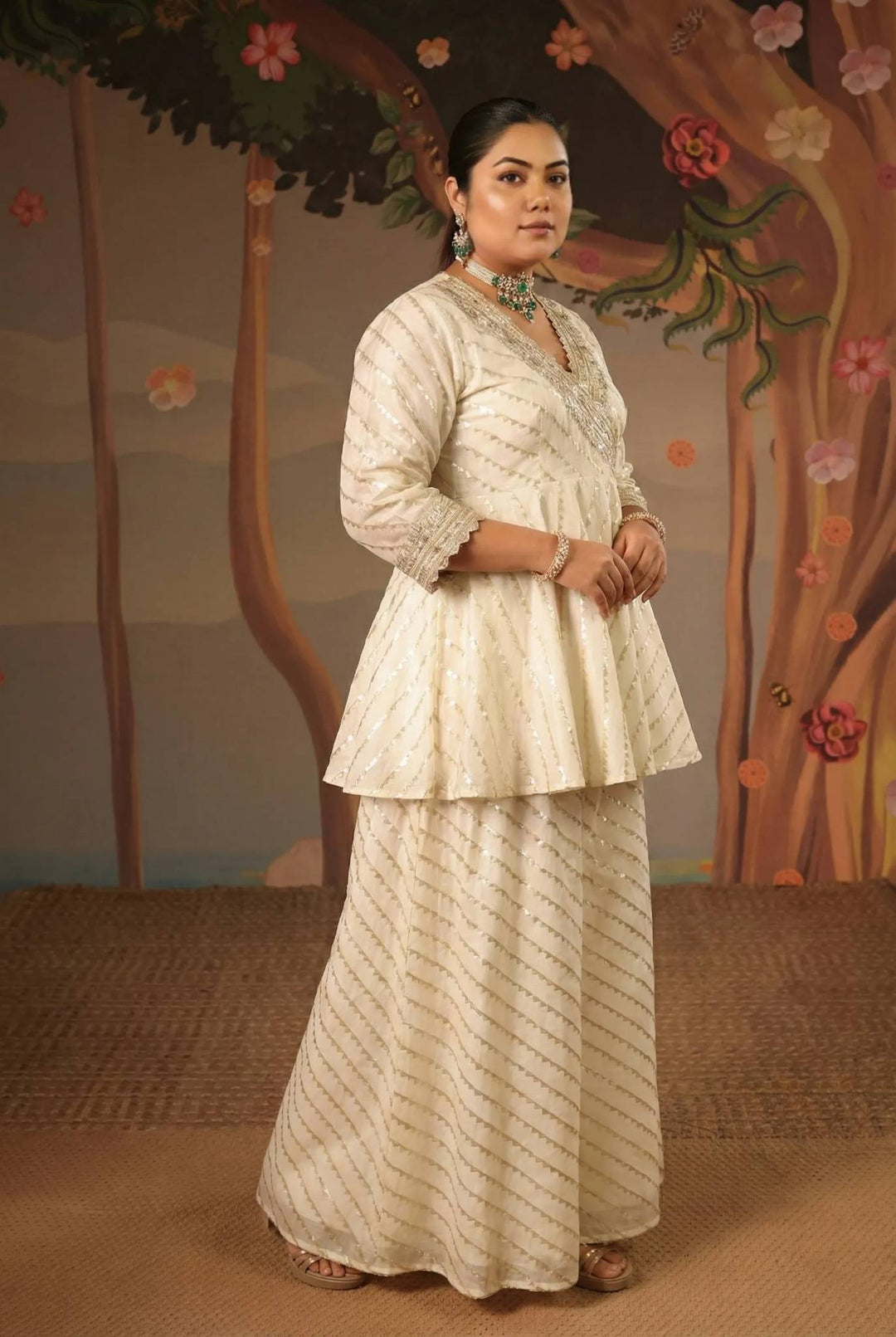 Ivory Gold Embroidered Angrakha with Sharara - Set of 2