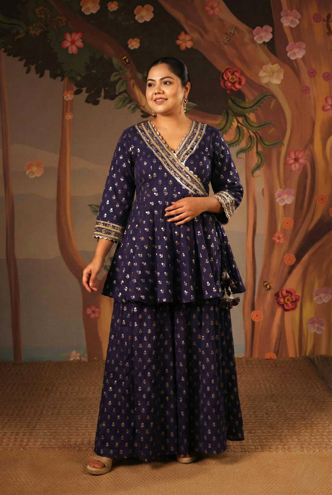 Blue Rose Embroidered Angrakha with Sharara and Dupatta - Set of 3