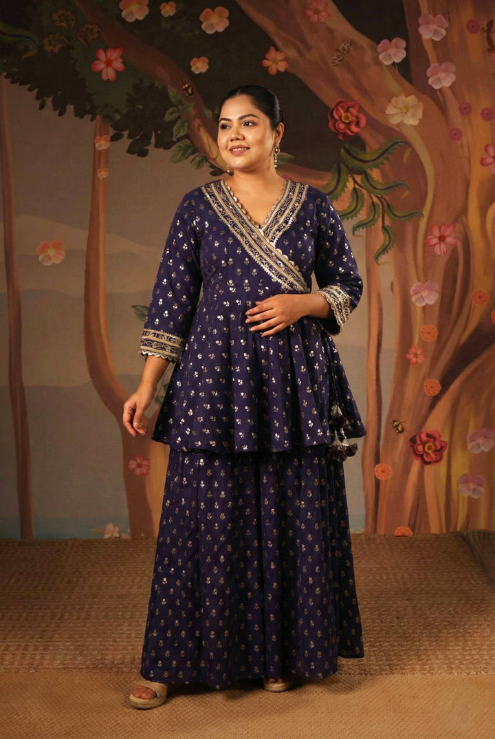 Blue Rose Embroidered Angrakha with Sharara and Dupatta - Set of 3