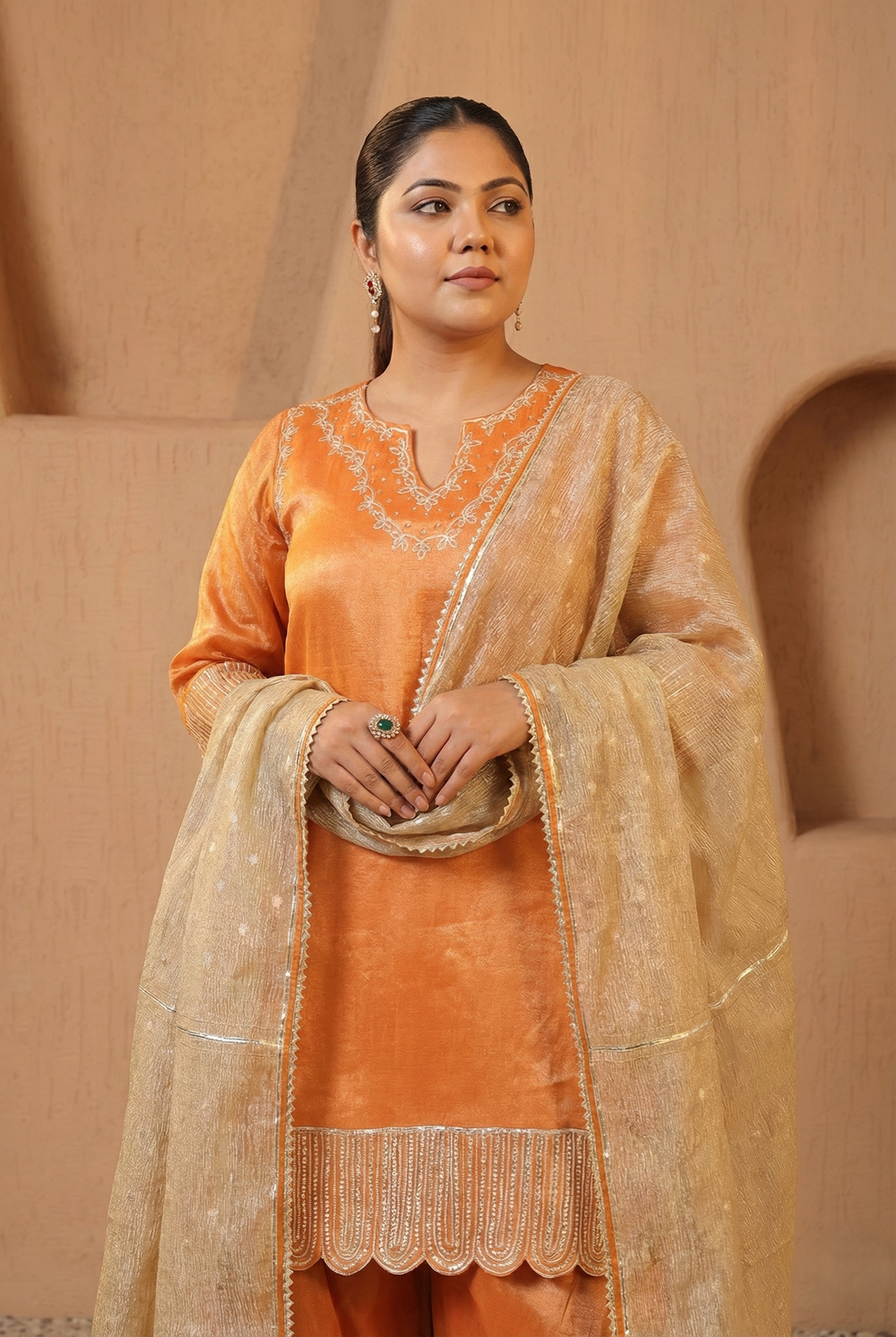Amber Scallop Gota Tissue Kurta with Sharara and Dupatta - Set of 3