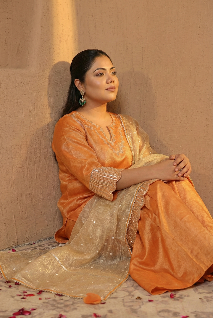 Amber Scallop Gota Tissue Kurta with Sharara and Dupatta - Set of 3