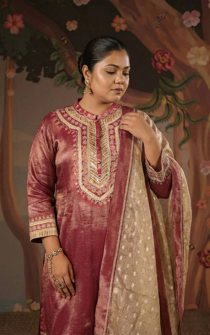 Purple Zari Tissue Kurta with Flared Pants - Set of 2