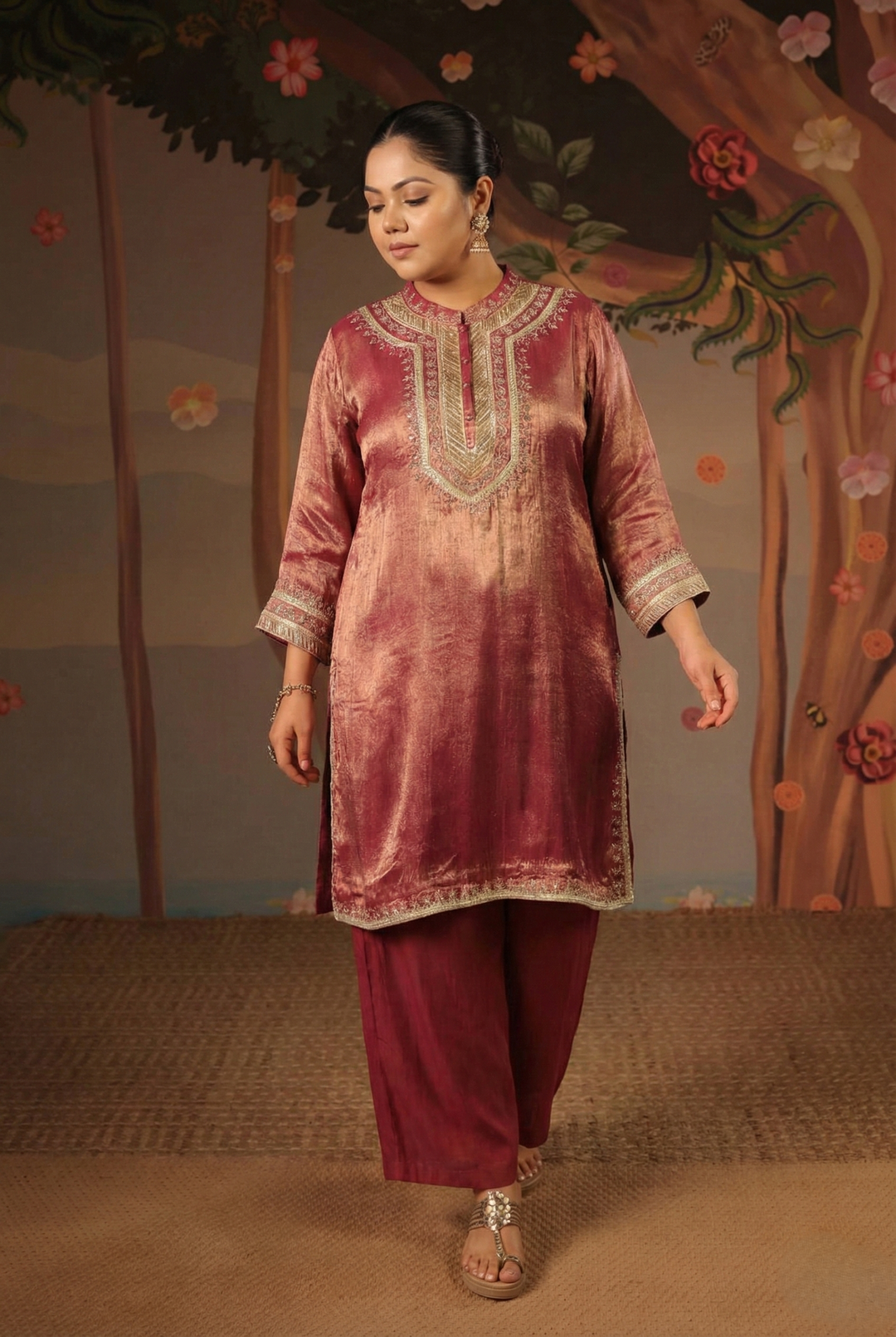 Purple Zari Tissue Kurta with Flared Pants - Set of 2