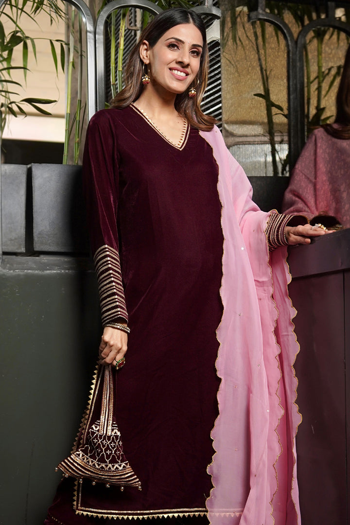 Wine Velvet Kurta Set