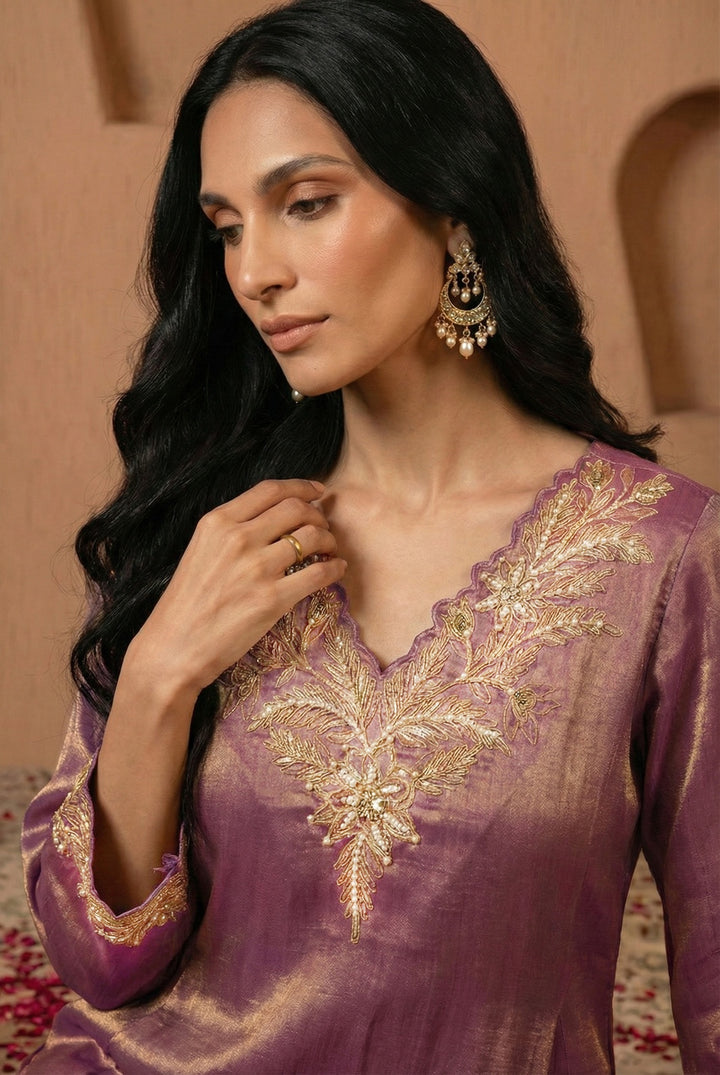 Purple Dori Zari Tissue Kurta with Narrow Pants - Set of 2