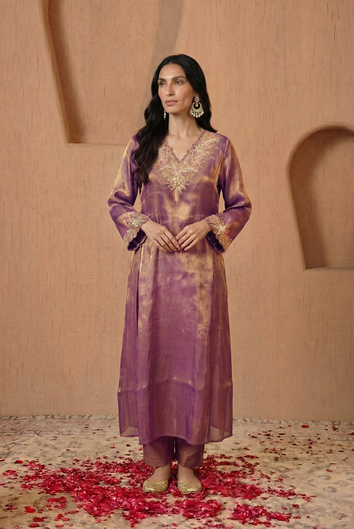 Purple Dori Zari Tissue Kurta with Narrow Pants - Set of 2