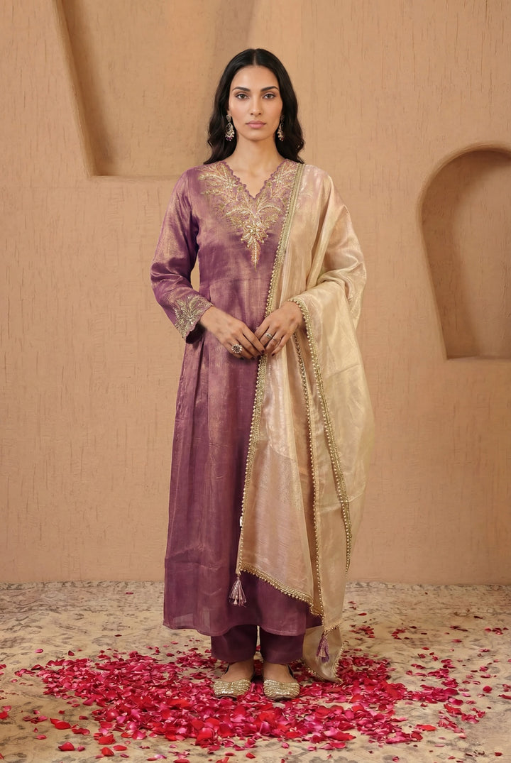 Purple Dori Zari Tissue Kurta with Narrow Pants - Set of 2