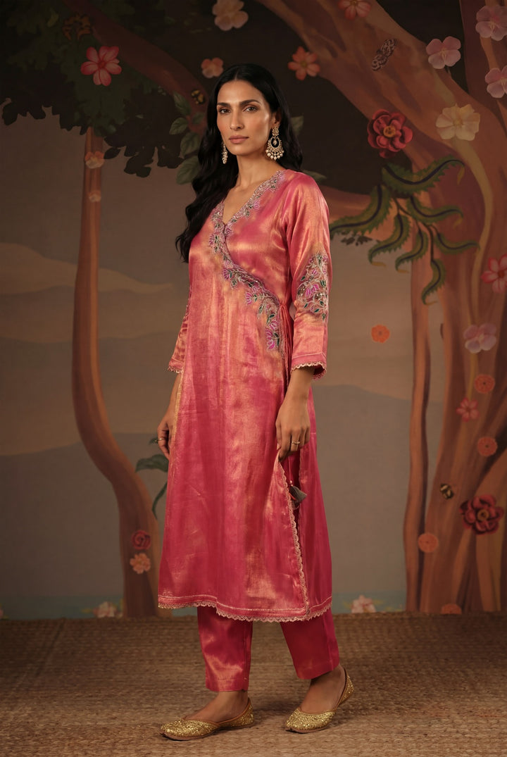 Fuchsia Lotus Scallop Tissue Angrakha with Narrow Pants - Set of 2