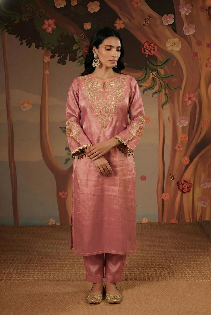 Peony Peacock Zari Kurta with Narrow Pants - Set of 2