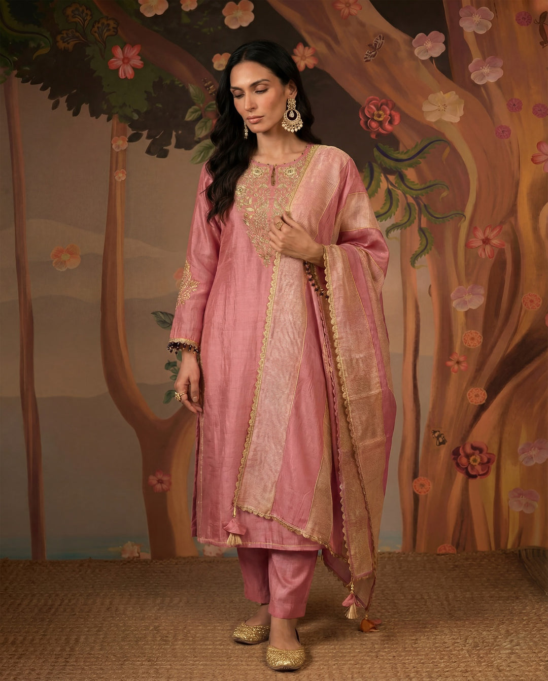 Peony Peacock Zari Kurta with Narrow Pants - Set of 2