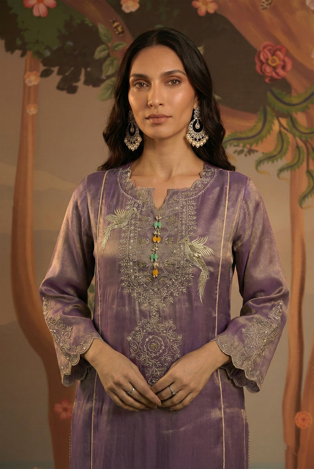 Purple Zari Tissue Kurta with Narrow Pants - Set of 2