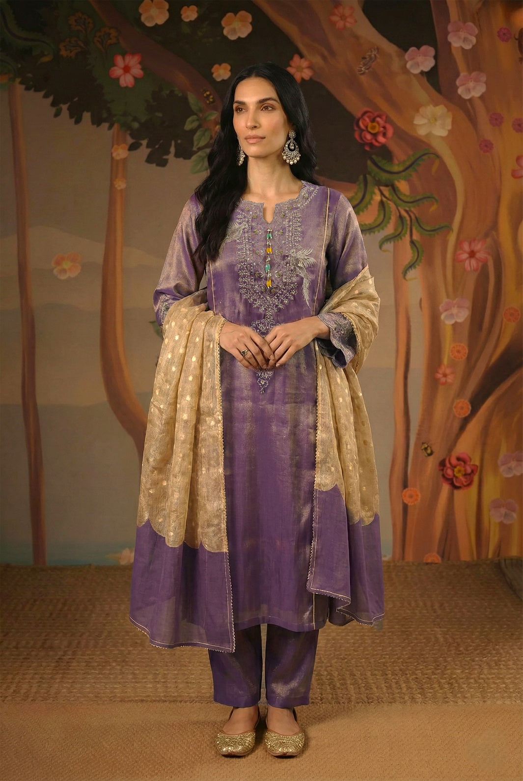 Purple Zari Tissue Kurta with Narrow Pants - Set of 2