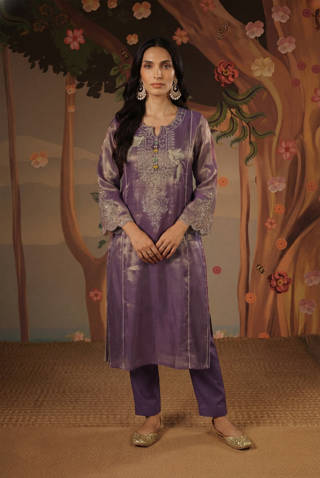 Purple Zari Tissue Kurta with Narrow Pants and Dupatta - Set of 3