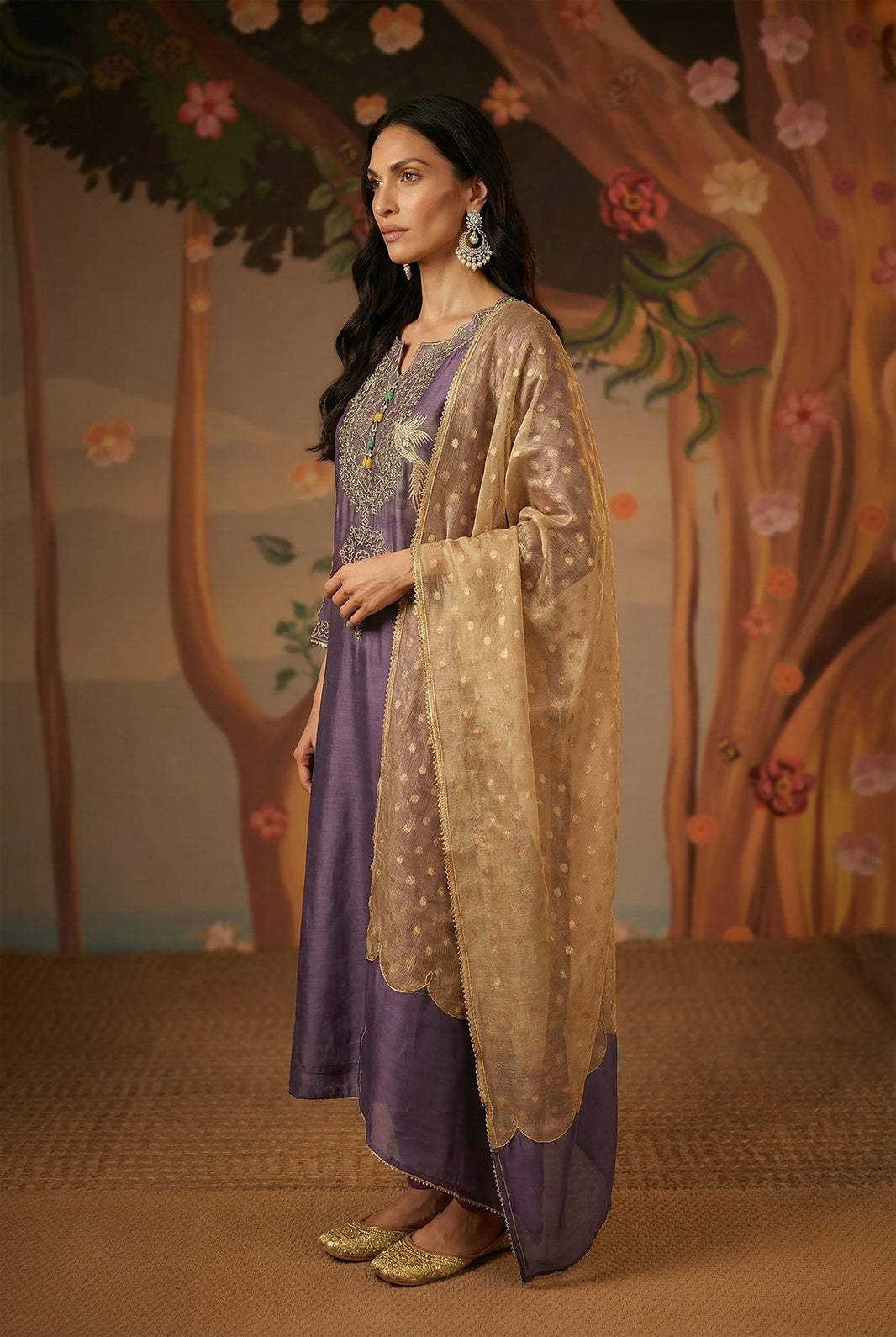 Purple Zari Tissue Kurta with Narrow Pants and Dupatta - Set of 3