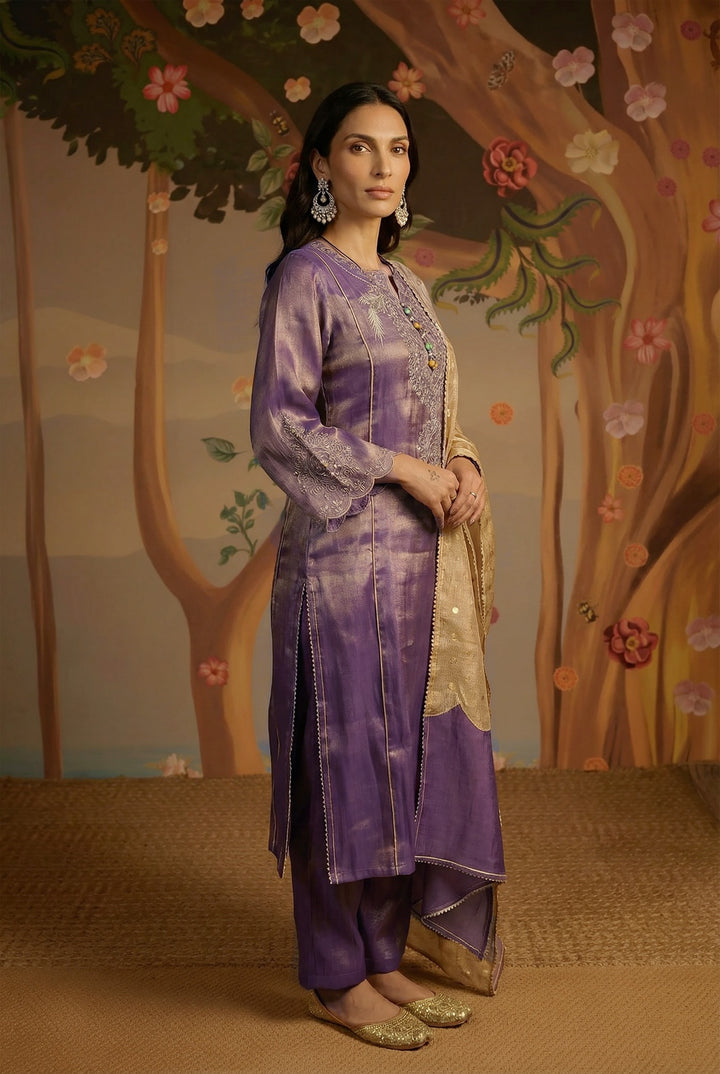 Purple Zari Tissue Kurta with Narrow Pants and Dupatta - Set of 3