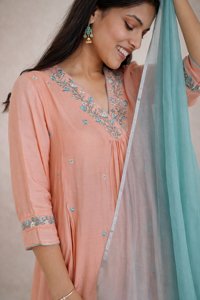 Coral Daisy Kurta with Narrow Pants