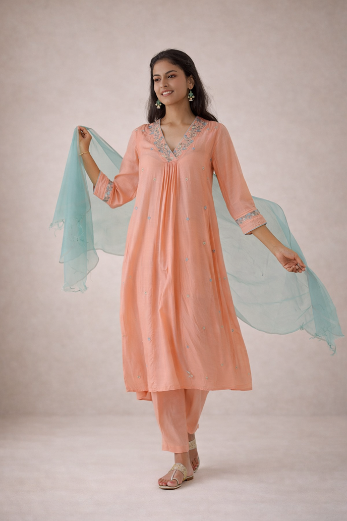 Coral Daisy Kurta with Narrow Pants