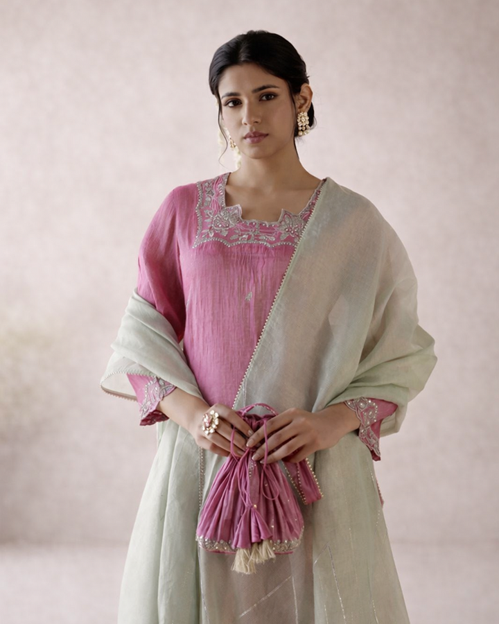 Peony Pink Tissue Kurta with Narrow Pants & Dupatta - Set of 3